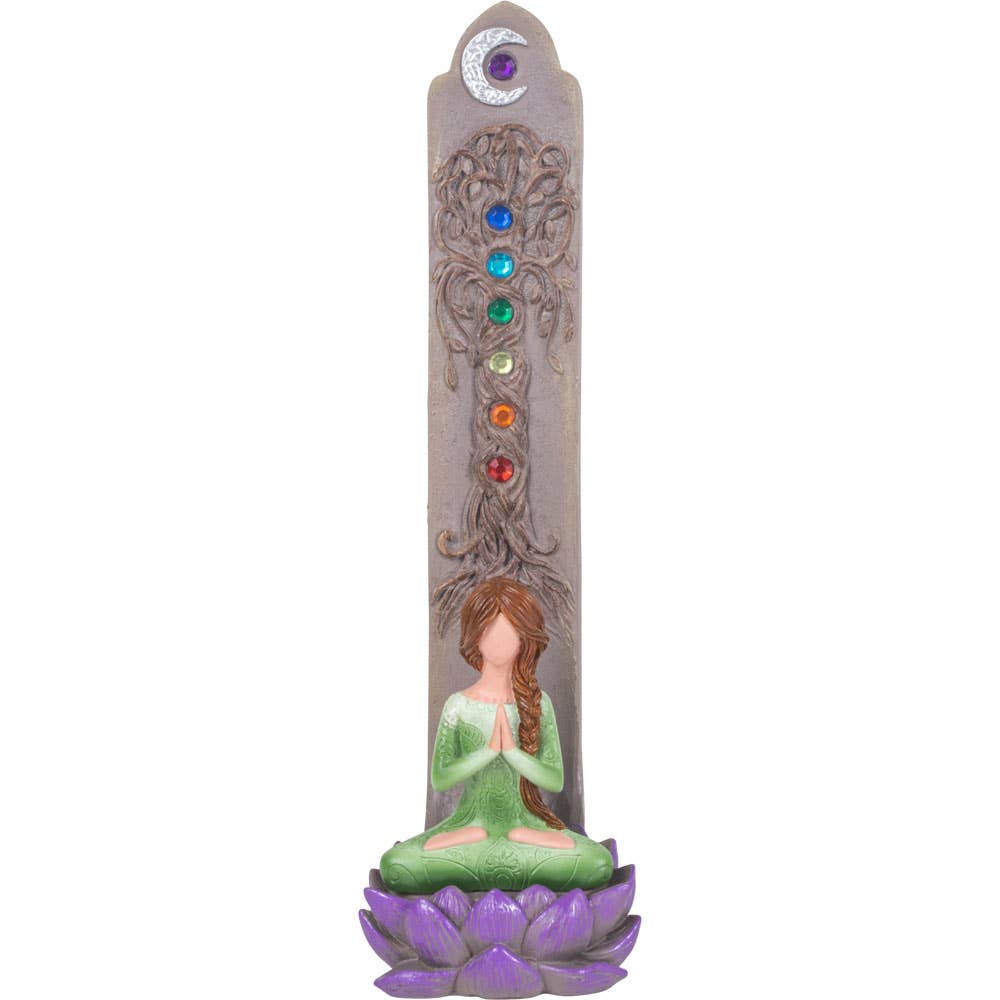 Polyresin Incense Holder - Yoga Goddess w/ Chakra Gems