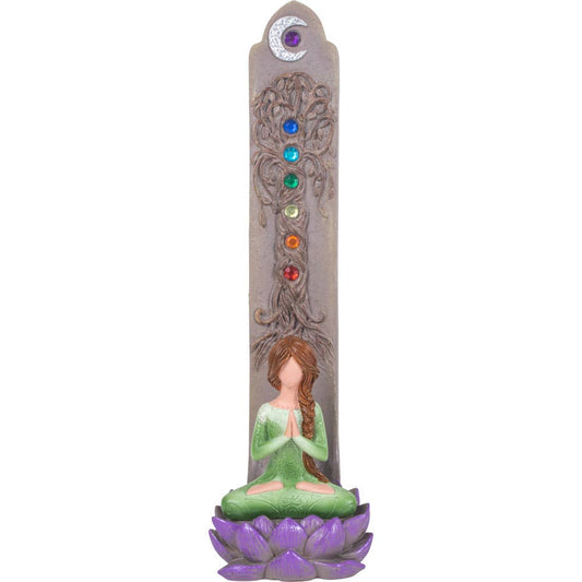 Polyresin Incense Holder - Yoga Goddess w/ Chakra Gems