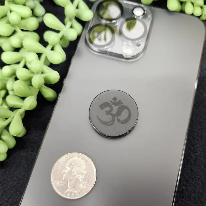 Shungite EMF Cell Phone Tile Engraved with OM - 25mm