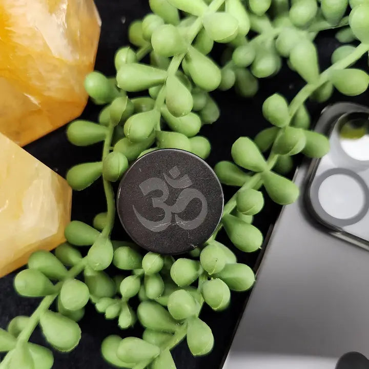 Shungite EMF Cell Phone Tile Engraved with OM - 25mm