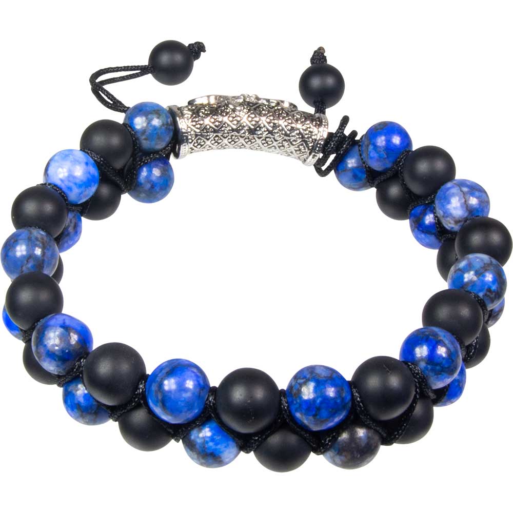 Adj Bracelet 8mm Bead Double Row Lapis, Matte Black Agate