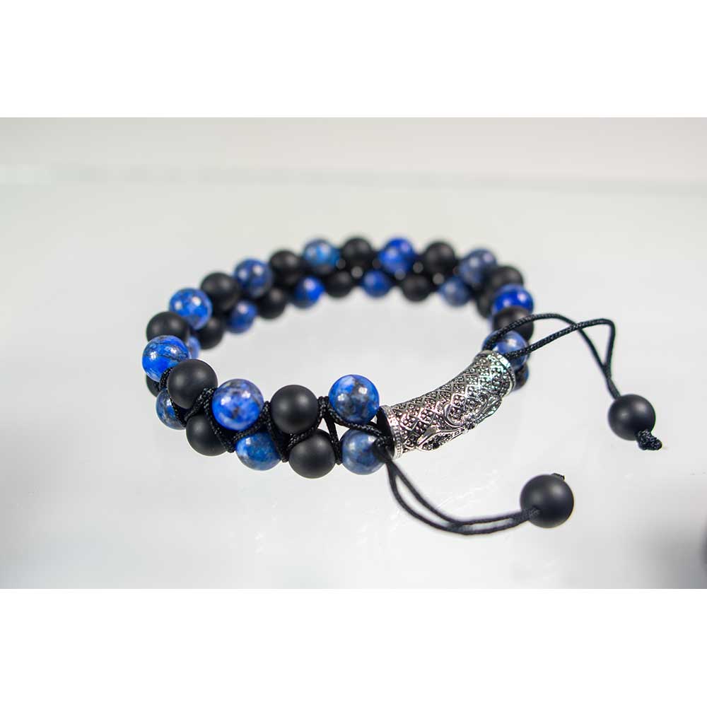 Adj Bracelet 8mm Bead Double Row Lapis, Matte Black Agate