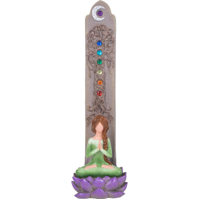 Polyresin Incense Holder - Yoga Goddess w/ Chakra Gems