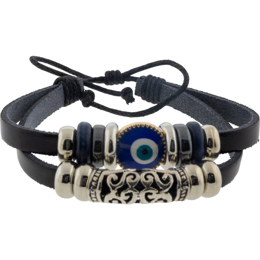 Leather Protection Bracelet Evil Eye - Black w/ Filigree