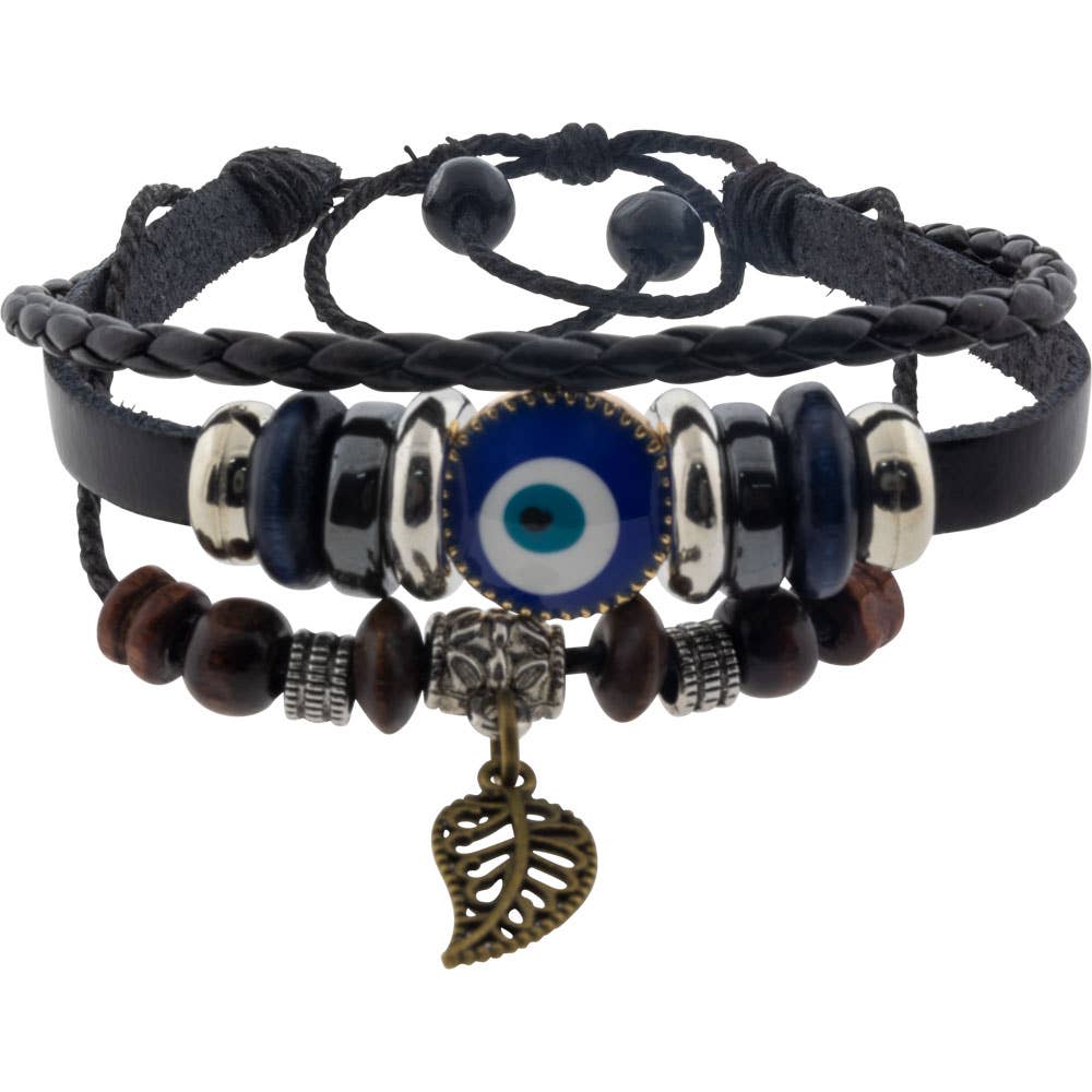 Leather Protection Bracelet Evil Eye - Black w/ Feather