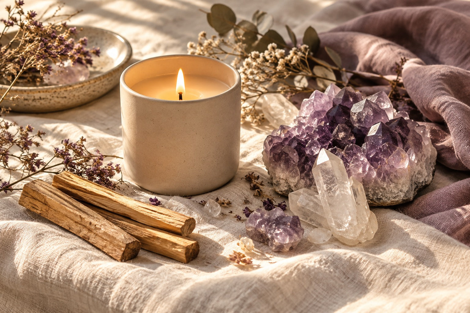 Candle, crystals, botanicals, and Palo Santo on soft linen